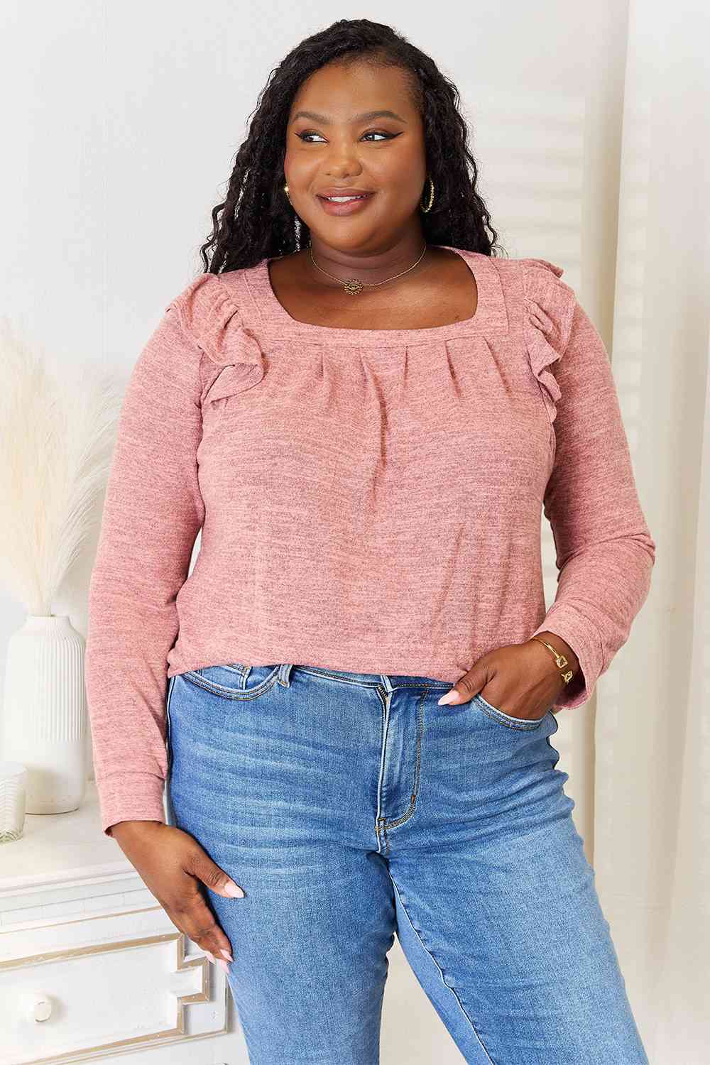 Double Take Square Neck Ruffle Shoulder Long Sleeve T-Shirt BLUE ZONE PLANET