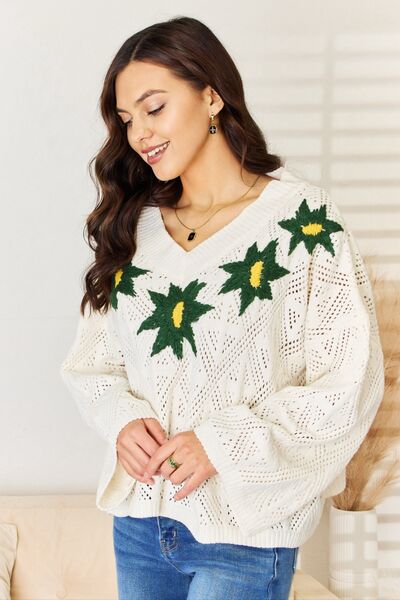 Blue Zone Planet | POL Floral Embroidered Pattern V-Neck Sweater BLUE ZONE PLANET