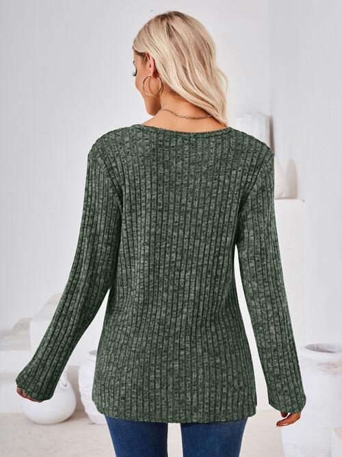 Ribbed Buttoned Round Neck Slit T-Shirt BLUE ZONE PLANET