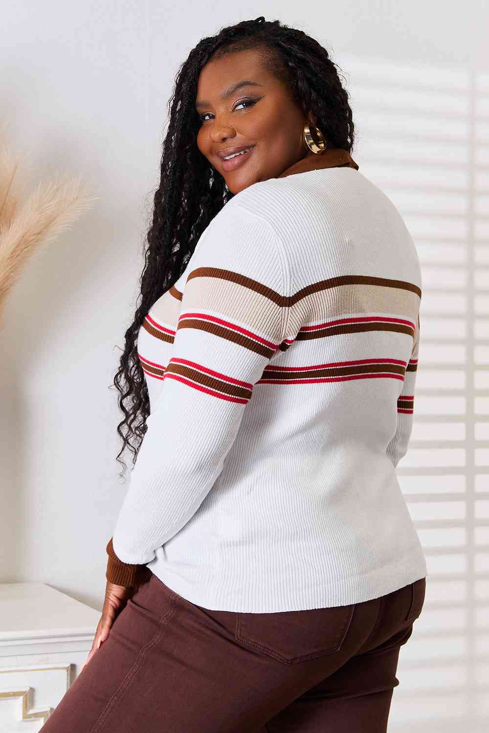 Basic Bae Striped Collared Neck Rib-Knit Top BLUE ZONE PLANET