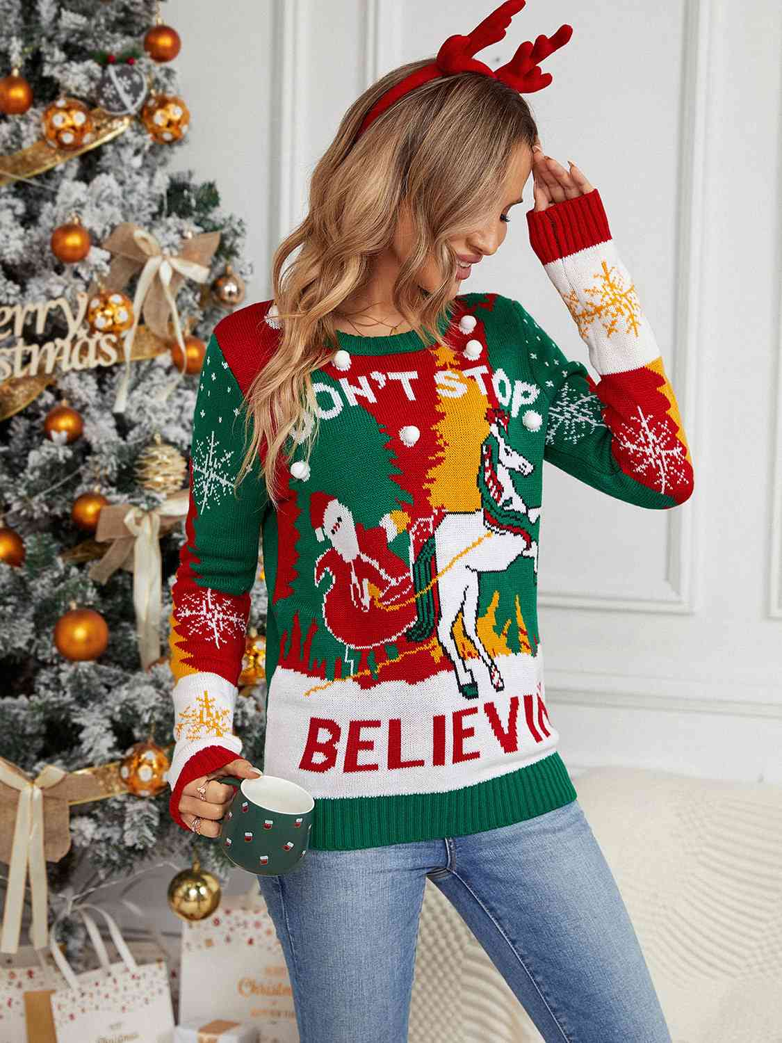 Printed Round Neck Long Sleeve Sweater BLUE ZONE PLANET