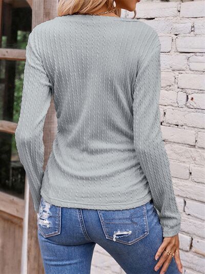 Blue Zone Planet | Textured Ruched V-Neck Long Sleeve T-Shirt BLUE ZONE PLANET