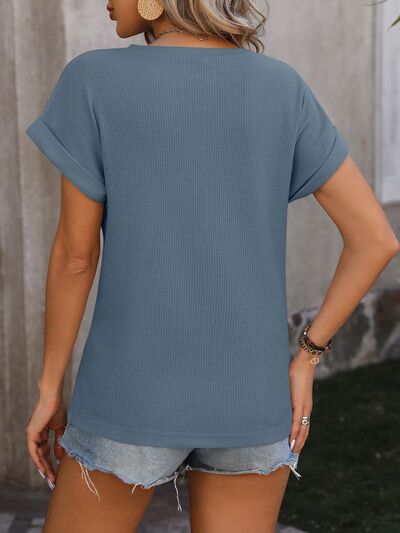 Cable-Knit Round Neck Short Sleeve T-Shirt BLUE ZONE PLANET