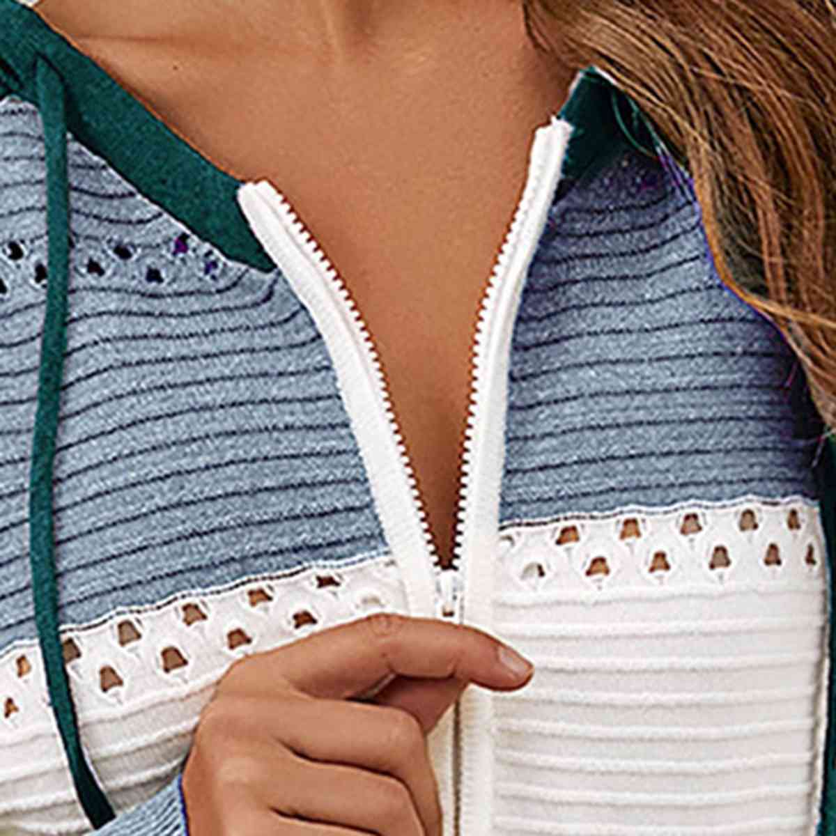 Color Block Drawstring Hooded Sweater BLUE ZONE PLANET