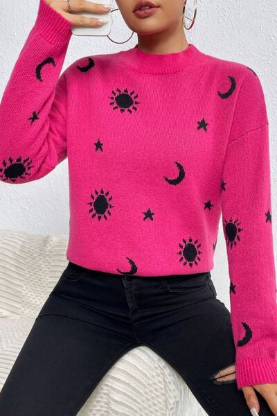 Blue Zone Planet | Graphic Mock Neck Dropped Shoulder Sweater BLUE ZONE PLANET