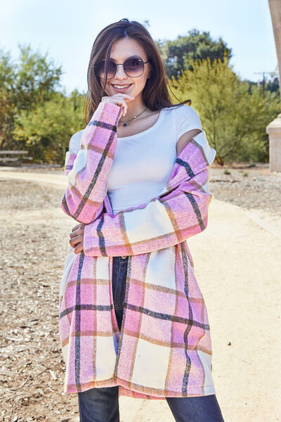 Double Take Full Size Plaid Button Up Lapel Collar Coat BLUE ZONE PLANET