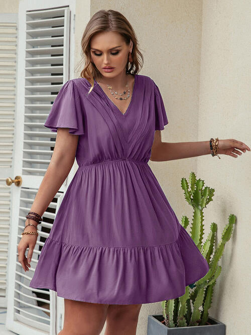 Double Take Plus Size Ruffle Hem V-Neck Short Sleeve Dress BLUE ZONE PLANET