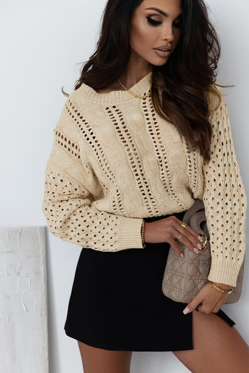 Full Size Openwork Cable-Knit Round Neck Knit Top BLUE ZONE PLANET