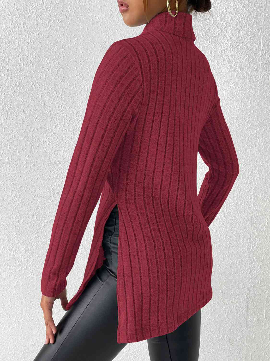 Ribbed Turtleneck Long Sleeve Slit T-Shirt BLUE ZONE PLANET