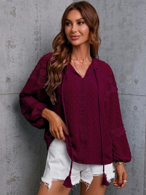 Crochet Tassel Tie Neck Long Sleeve Blouse BLUE ZONE PLANET