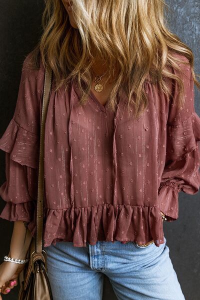 Swiss Dot Tie Neck Flounce Sleeve Blouse Trendsi