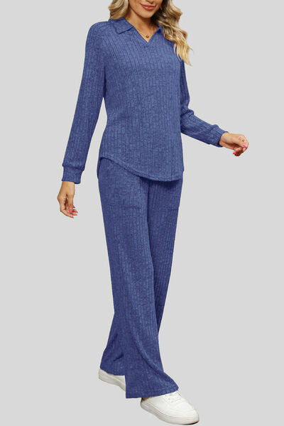 Blue Zone Planet | Ribbed Long Sleeve Top and Pocketed Pants Set BLUE ZONE PLANET