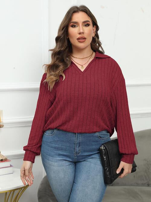 Plus Size Ribbed Collared Neck Long Sleeve Blouse BLUE ZONE PLANET