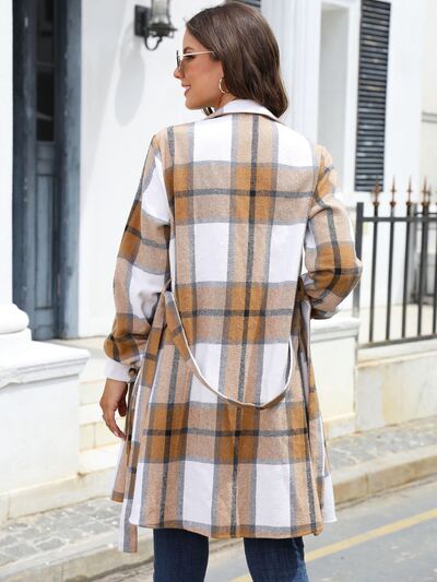 Blue Zone Planet | Plaid Belted Collared Neck Button Up Jacket BLUE ZONE PLANET