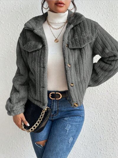 Blue Zone Planet | Fuzzy Button Up Collared Neck Jacket BLUE ZONE PLANET