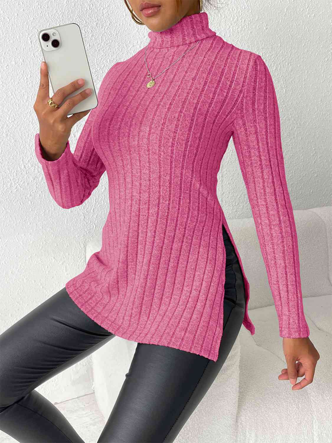 Ribbed Turtleneck Long Sleeve Slit T-Shirt BLUE ZONE PLANET