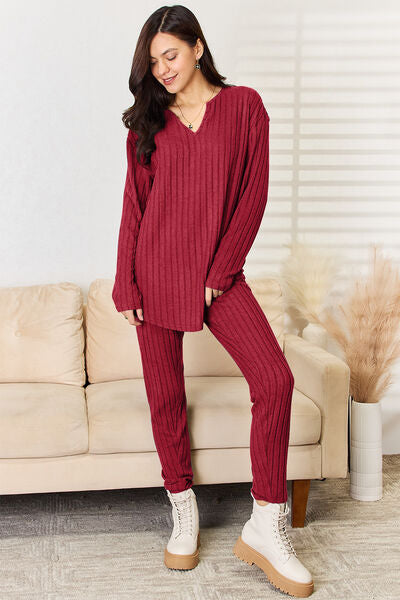 Blue Zone Planet | Basic Bae Full Size Notched Long Sleeve Top and Pants Set BLUE ZONE PLANET