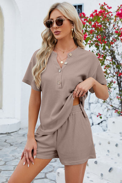 Blue Zone Planet | Notched Button Detail Dropped Shoulder Top and Shorts Set BLUE ZONE PLANET