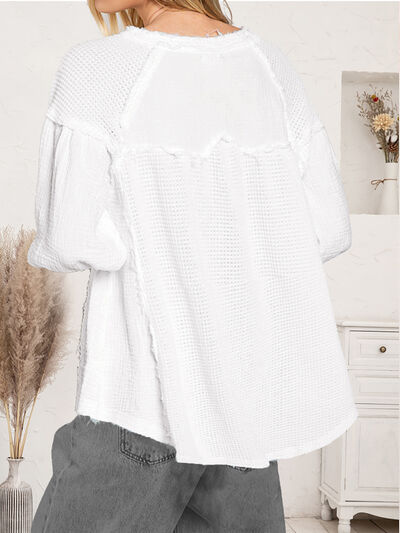 Blue Zone Planet | Waffle Knit Half Button Raw Hem Blouse BLUE ZONE PLANET