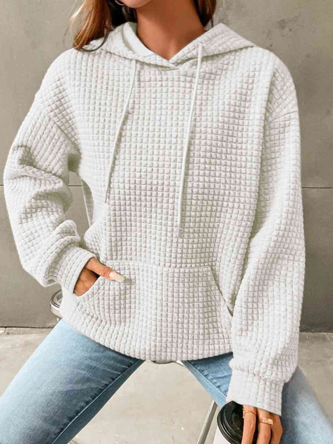 Blue Zone Planet | Textured Drawstring Drop Shoulder Hoodie BLUE ZONE PLANET