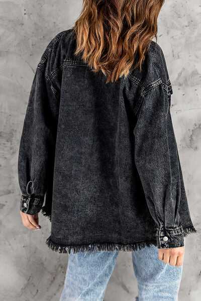 Blue Zone Planet | Button Up Pocketed Raw Hem Denim Jacket BLUE ZONE PLANET