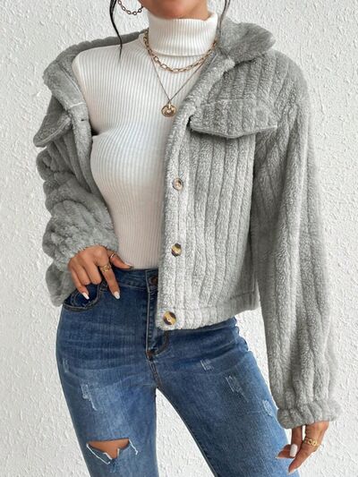 Blue Zone Planet | Fuzzy Button Up Collared Neck Jacket BLUE ZONE PLANET