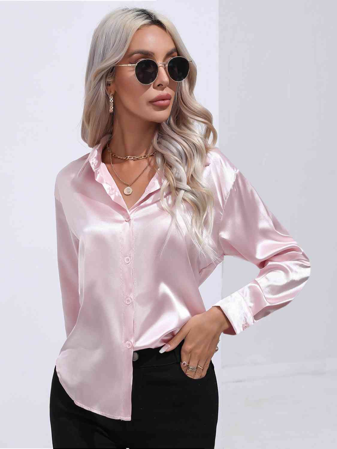 Collared Neck Buttoned Long Sleeve Shirt BLUE ZONE PLANET