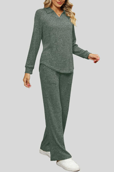 Blue Zone Planet | Ribbed Long Sleeve Top and Pocketed Pants Set BLUE ZONE PLANET