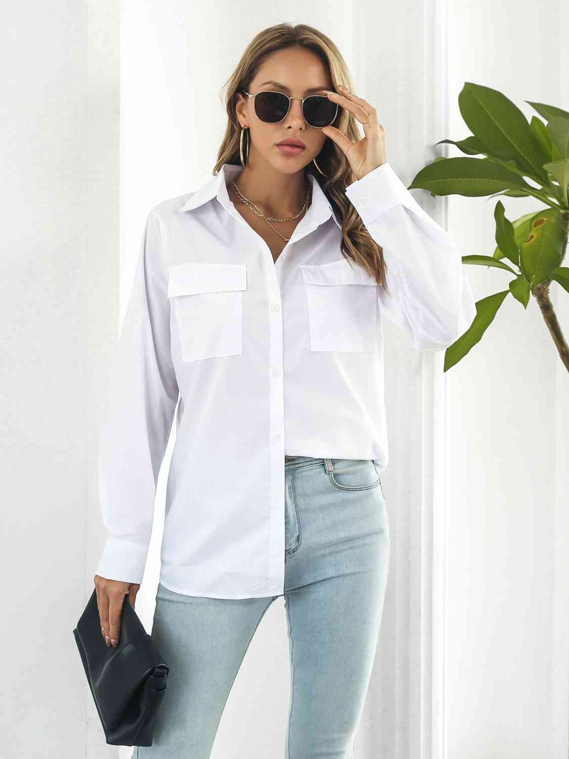 Collared Neck Buttoned Shirt with Pockets BLUE ZONE PLANET