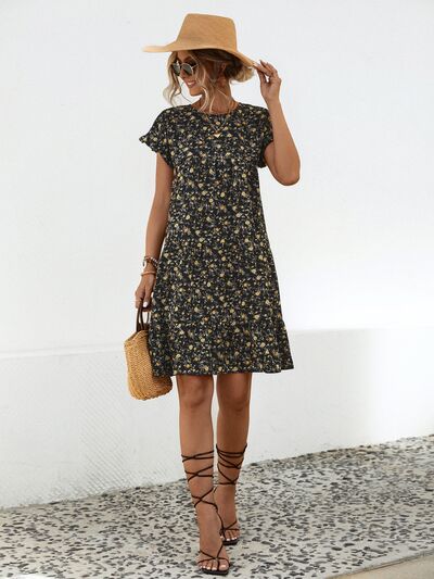 Blue Zone Planet | Frill Floral Round Neck Short Sleeve Tiered Dress BLUE ZONE PLANET