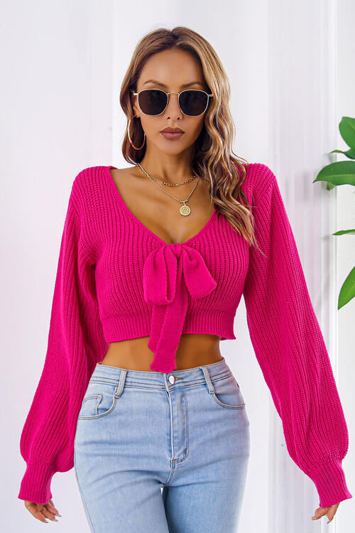 Bow V-Neck Long Sleeve Cropped Sweater BLUE ZONE PLANET