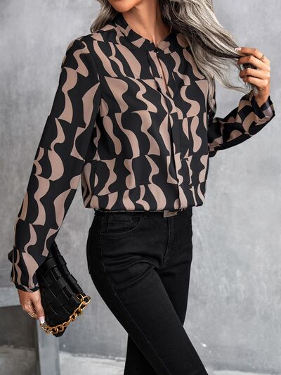 Blue Zone Planet | Printed Notched Long Sleeve Blouse BLUE ZONE PLANET