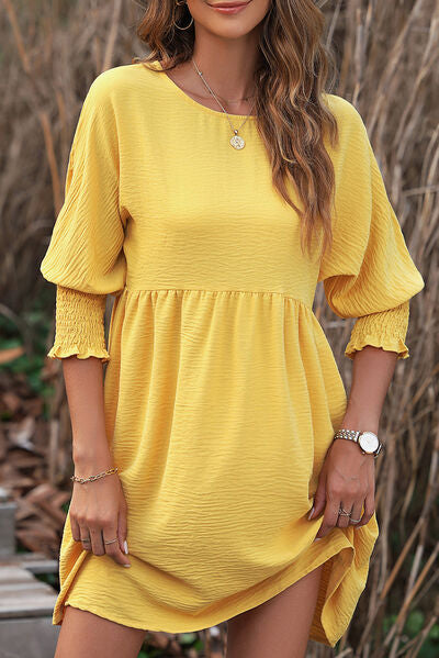 Blue Zone Planet | Round Neck Lantern Sleeve Mini Dress BLUE ZONE PLANET
