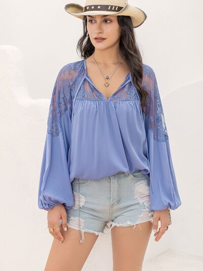 Lace Detail Tie Neck Balloon Sleeve Blouse Trendsi