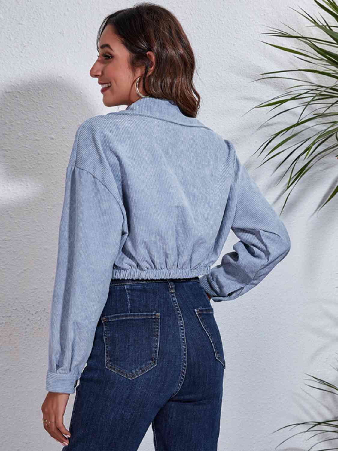 Collared Neck Dropped Shoulder Buttoned Jacket BLUE ZONE PLANET