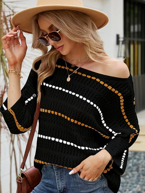 Eyelet Striped Round Neck Knit Top BLUE ZONE PLANET