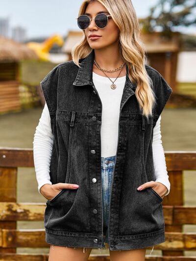 Blue Zone Planet | Button Up Collared Neck Sleeveless Denim Jacket BLUE ZONE PLANET