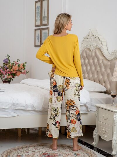 Blue Zone Planet | Round Neck Top and Printed Pants Lounge Set BLUE ZONE PLANET
