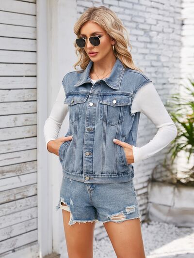 Blue Zone Planet | Button Up Cap Sleeve Denim Jacket BLUE ZONE PLANET