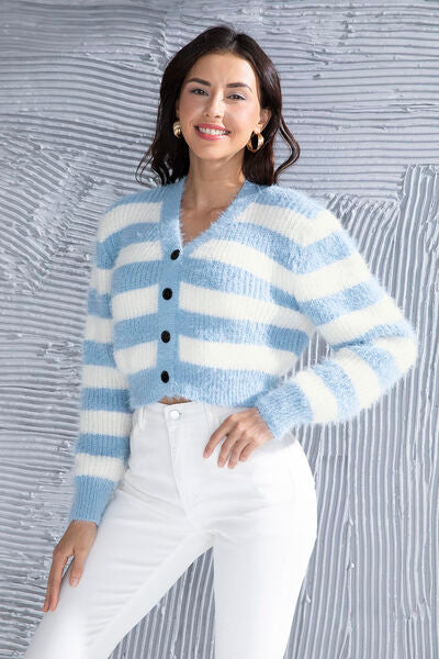 Blue Zone Planet |  Striped Button Up Cropped Cardigan BLUE ZONE PLANET