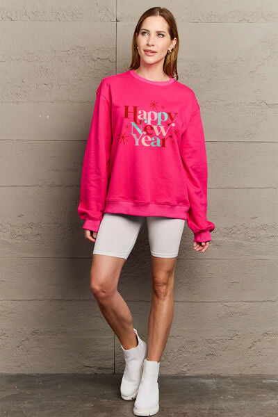 Simply Love Full Size HAPPY NEW YEAR Round Neck Sweatshirt BLUE ZONE PLANET