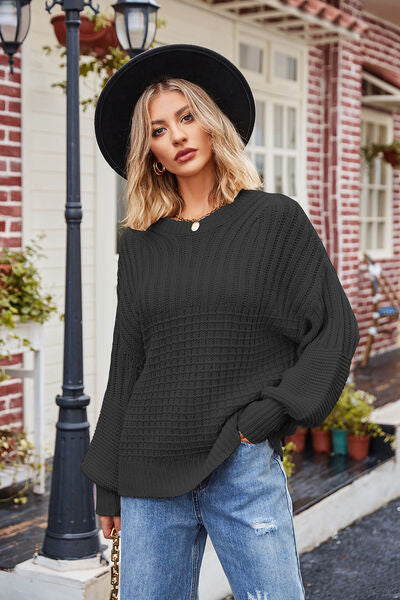 Ribbed Drop Shoulder Lantern Sleeve Sweater BLUE ZONE PLANET