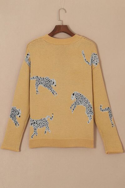Blue Zone Planet | Animal Element Round Neck Dropped Shoulder Sweater BLUE ZONE PLANET