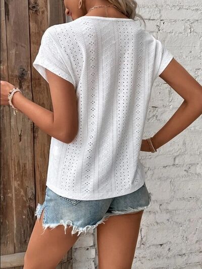 Eyelet V-Neck Short Sleeve T-Shirt Trendsi