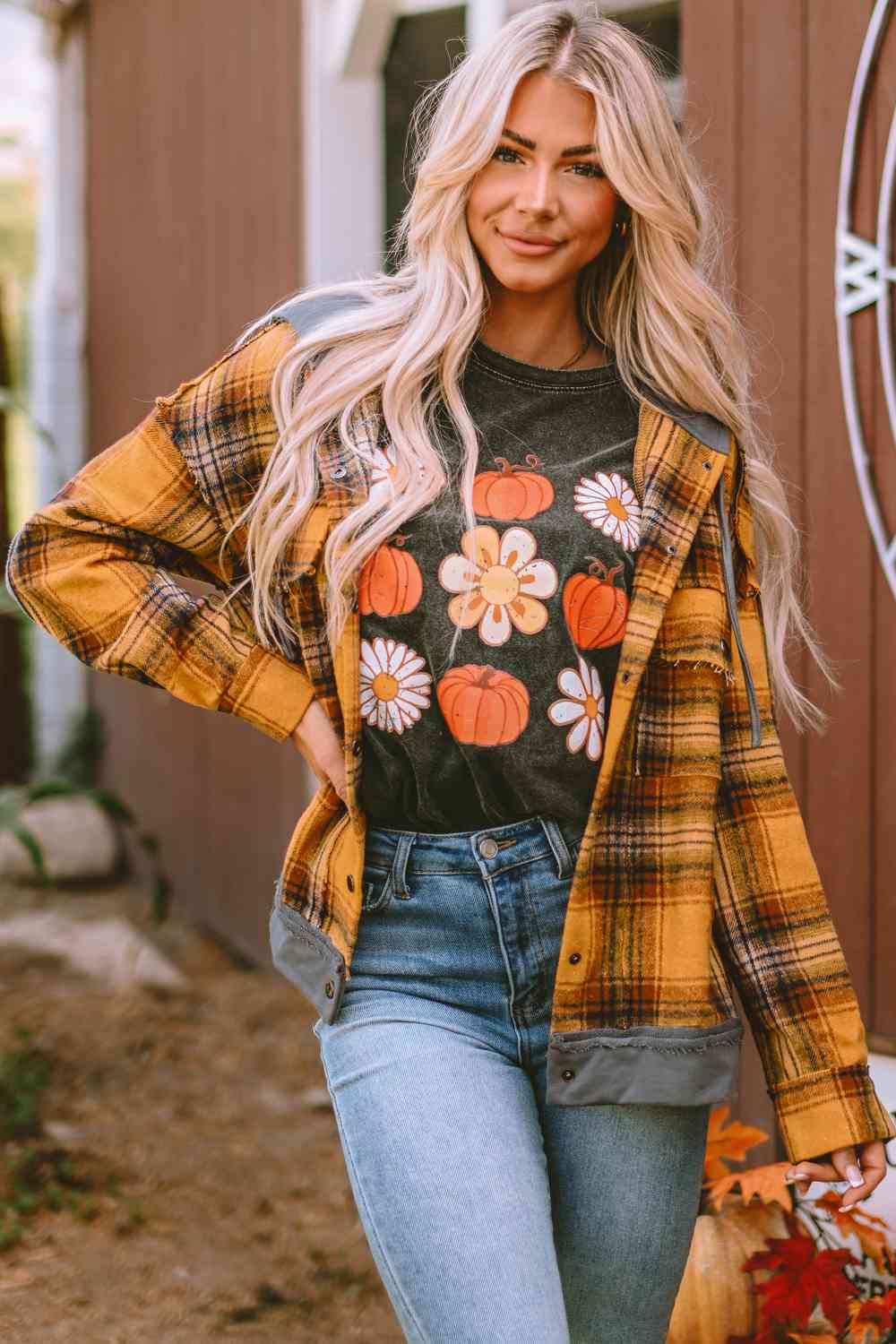 Plaid Hooded Button Front Jacket BLUE ZONE PLANET
