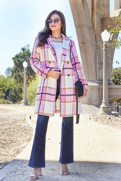Double Take Full Size Plaid Button Up Lapel Collar Coat BLUE ZONE PLANET