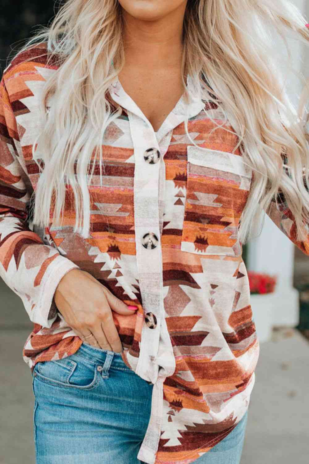 Printed Button Up Long Sleeve Shirt BLUE ZONE PLANET