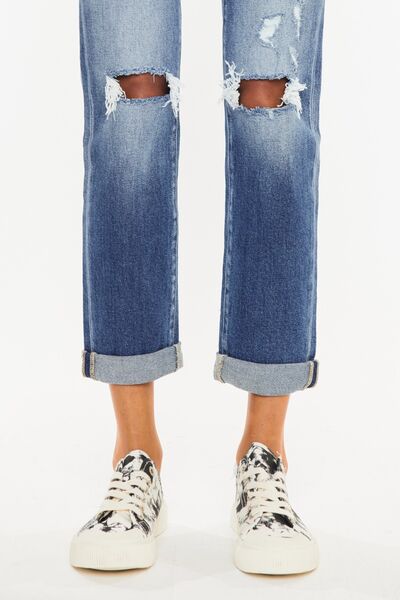 Kancan High Waist Distressed Hem Detail Cropped Straight Jeans BLUE ZONE PLANET