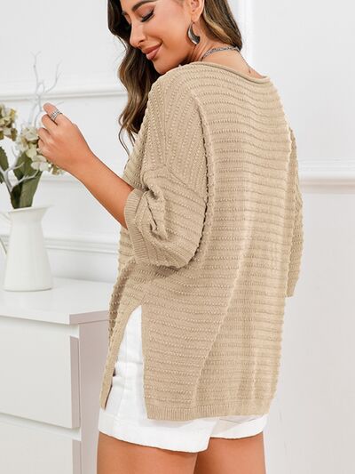 Blue Zone Planet | Rolled Round Neck Dropped Shoulder Slit Sweater BLUE ZONE PLANET