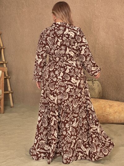 Blue Zone Planet | Plus Size Notched Balloon Sleeve Printed Maxi Dress BLUE ZONE PLANET